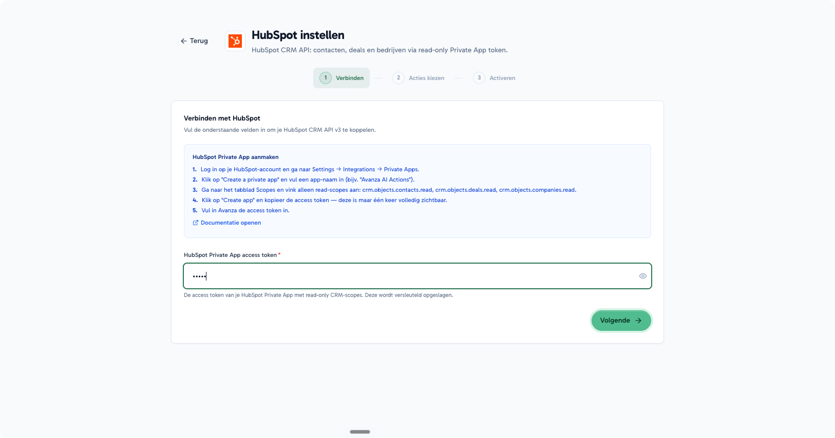 HubSpot-integratie setup in Avanza: verbinden, acties kiezen, activeren