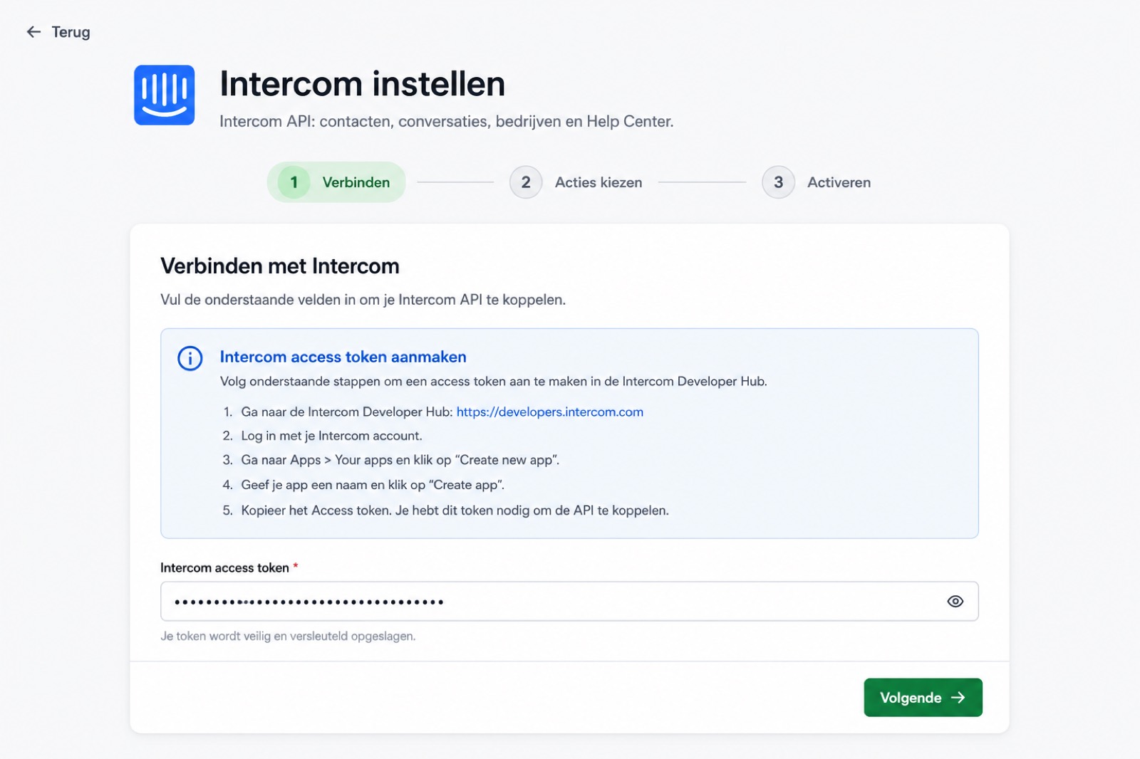 Intercom-integratie setup in Avanza: verbinden, acties kiezen, activeren