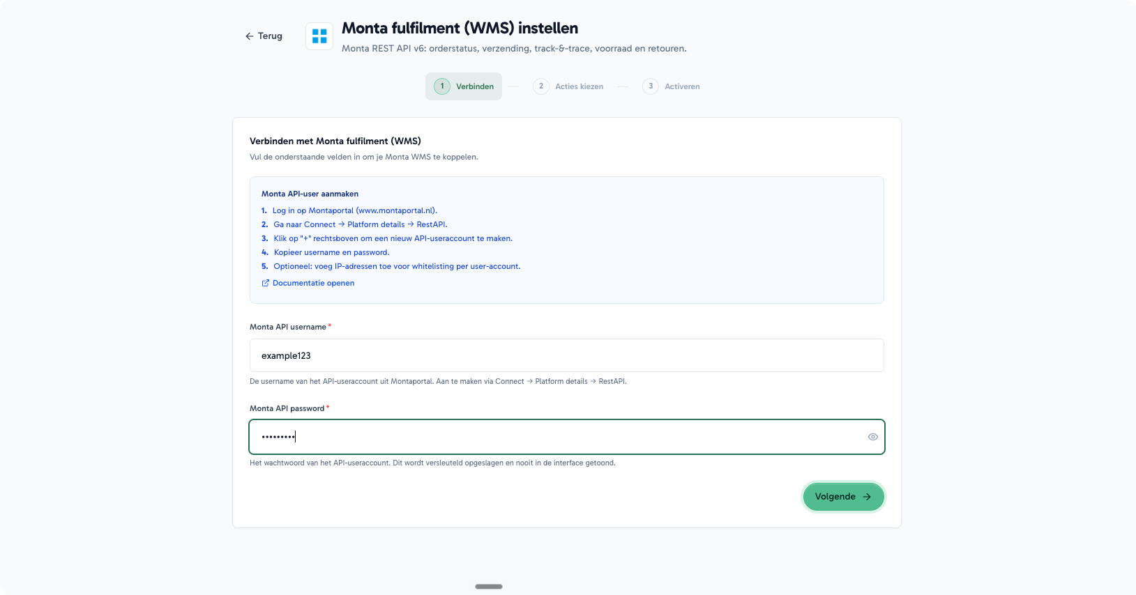 Monta-integratie setup in Avanza: verbinden, acties kiezen, activeren