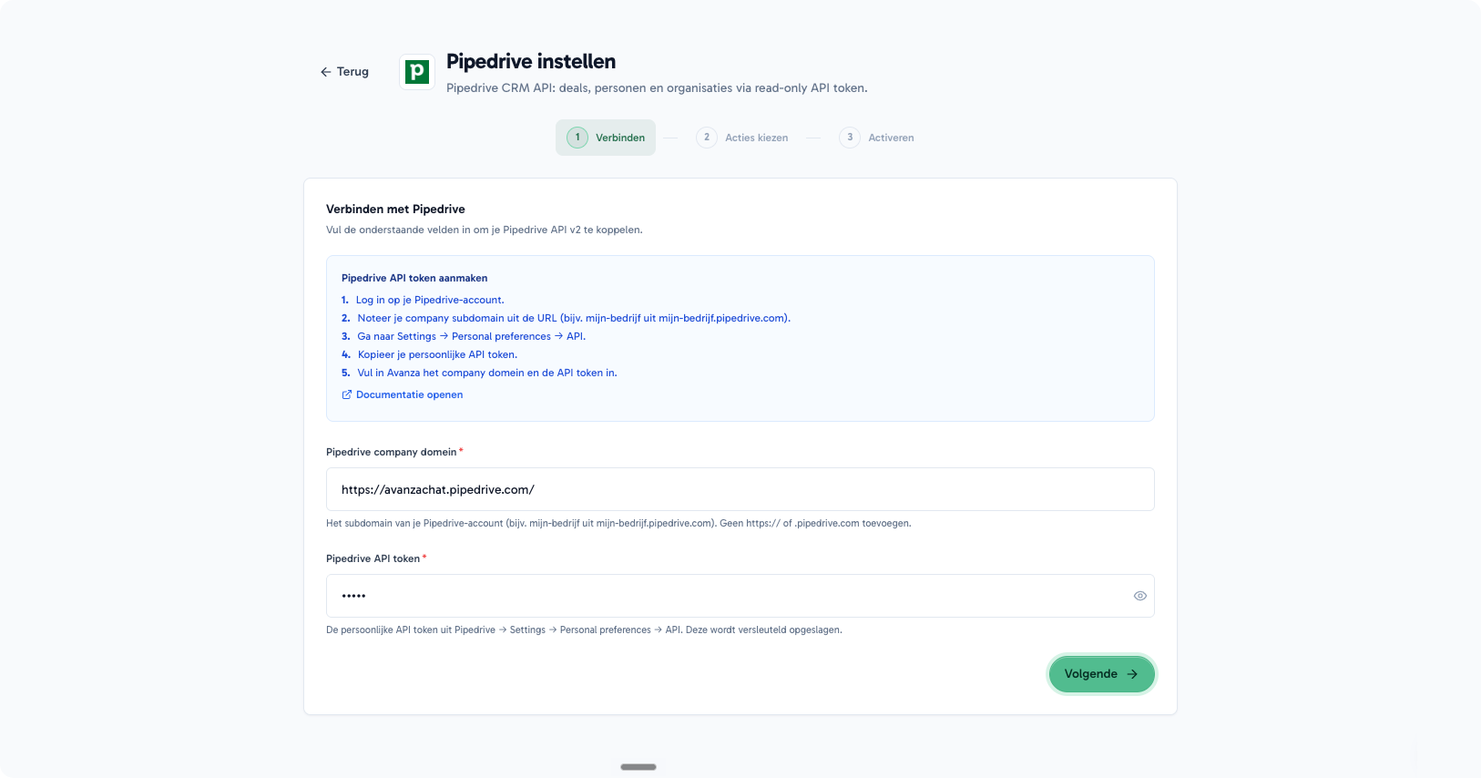 Pipedrive-integratie setup in Avanza: verbinden, acties kiezen, activeren