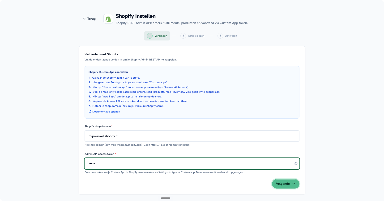 Shopify-integratie setup in Avanza: verbinden, acties kiezen, activeren