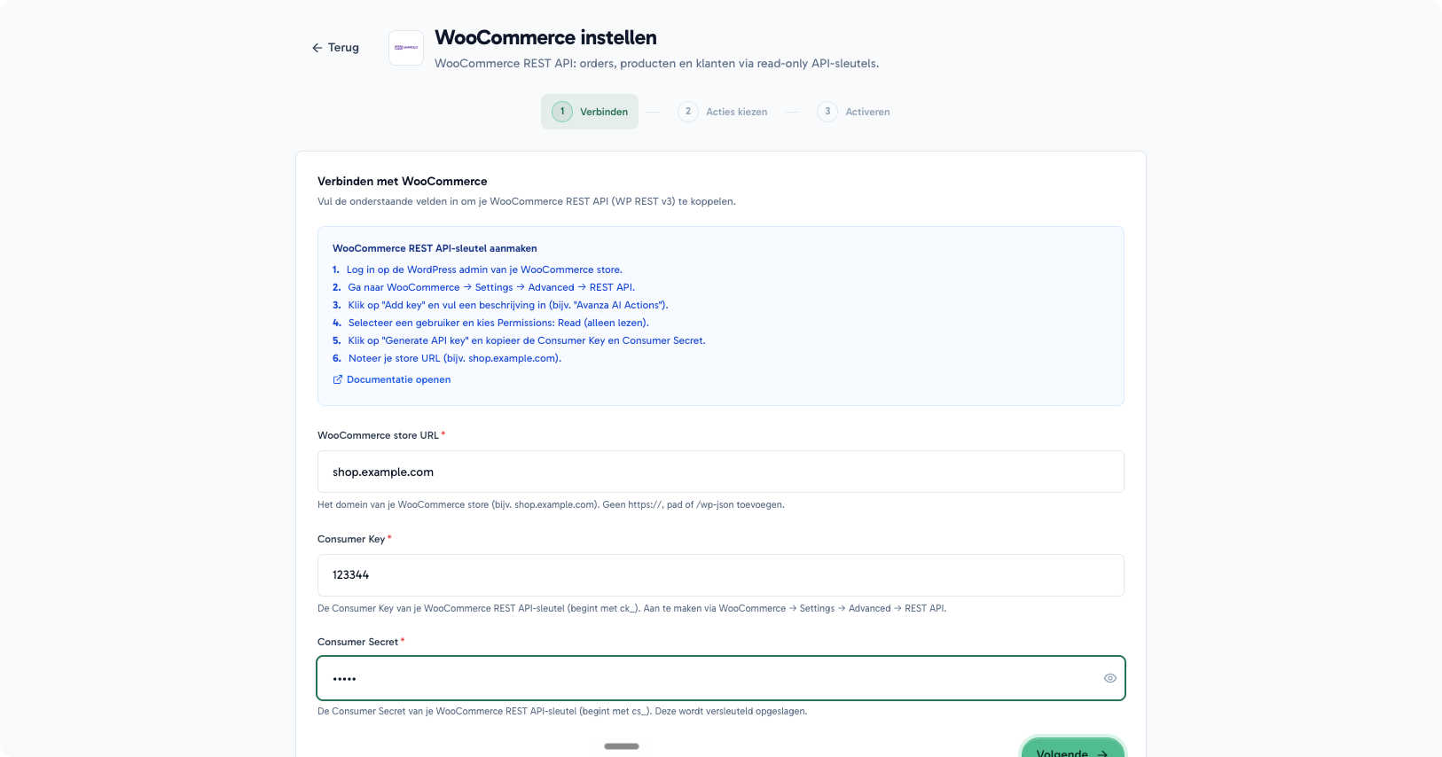 WooCommerce-integratie setup in Avanza: verbinden, acties kiezen, activeren