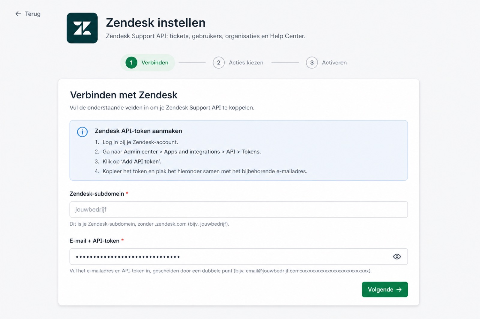 Zendesk-integratie setup in Avanza: verbinden, acties kiezen, activeren