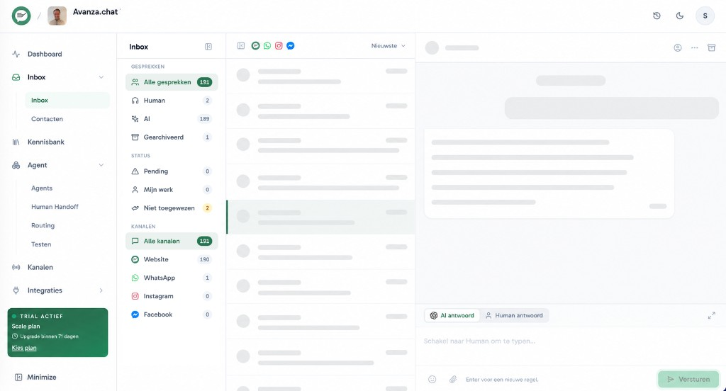 Avanza inbox met geanonimiseerde gesprekken van alle kanalen