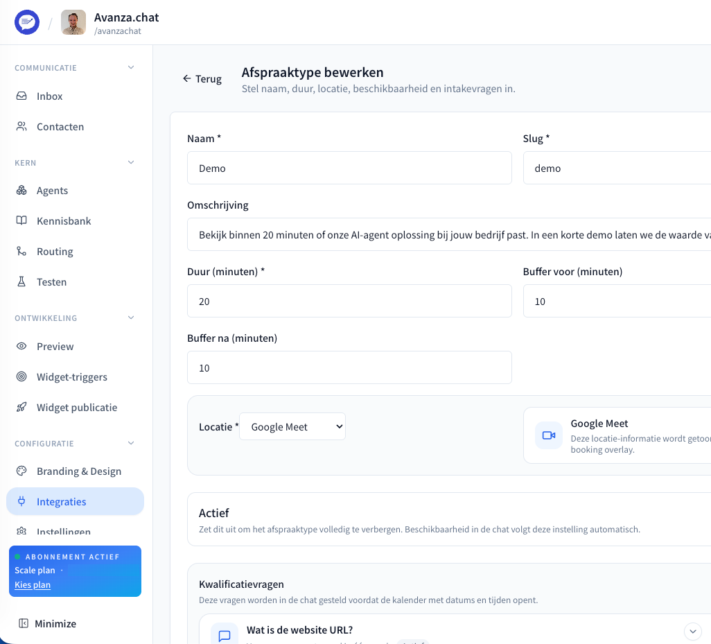 Avanza afspraken planner met Gmail-agenda: beschikbaarheid en boeking vanuit de chat