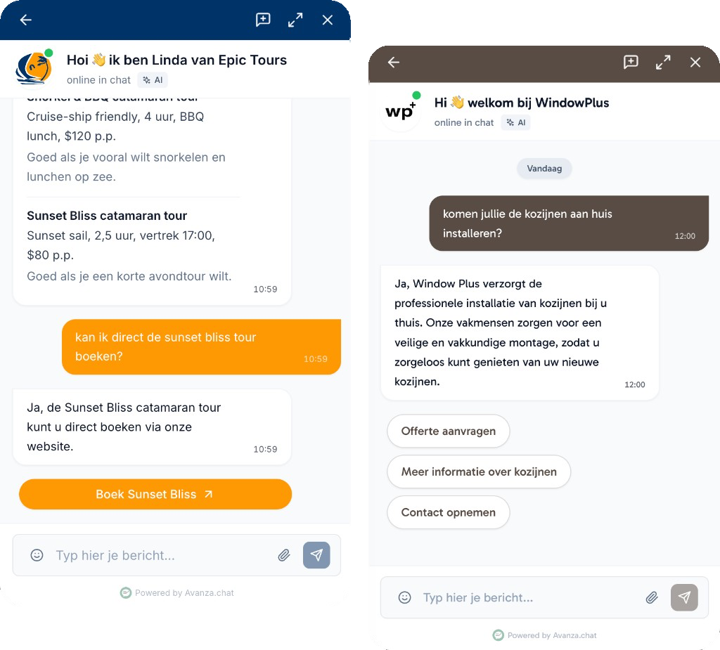 Avanza chatwidget met conversie-acties zoals offerte aanvragen