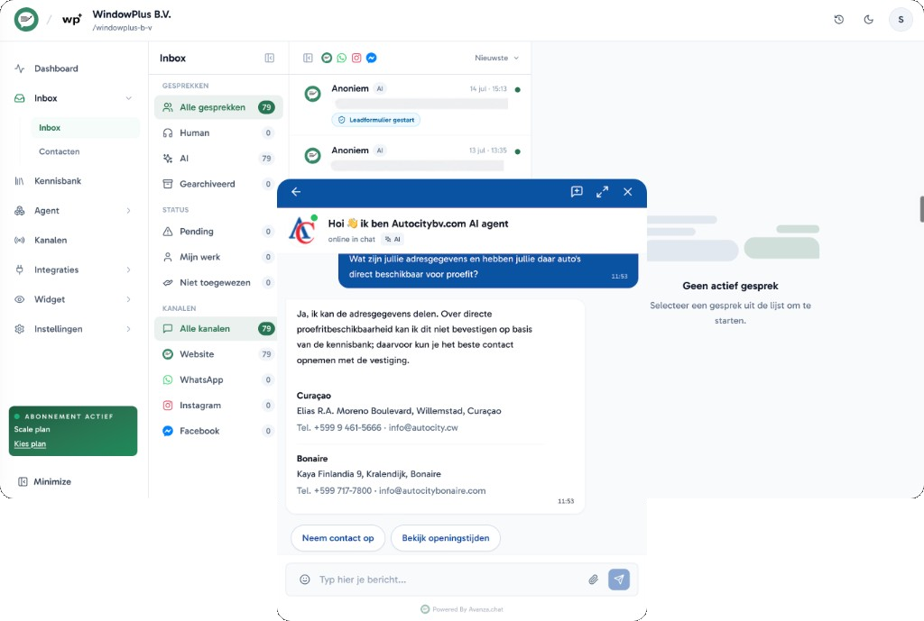 Avanza inbox met AI-chatwidget op website, WhatsApp, Instagram en Messenger