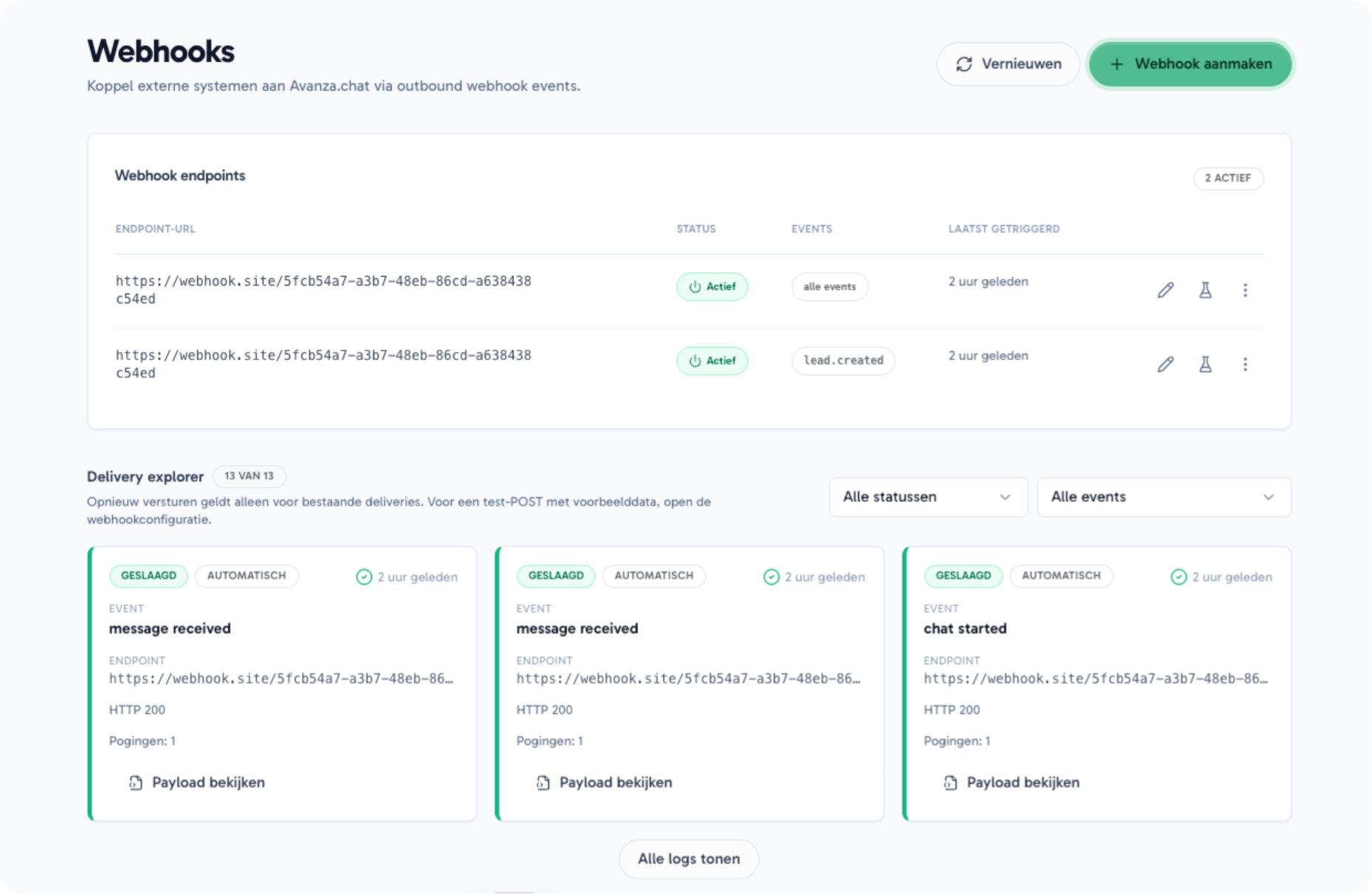 Avanza webhooks overzicht van events naar klantsystemen