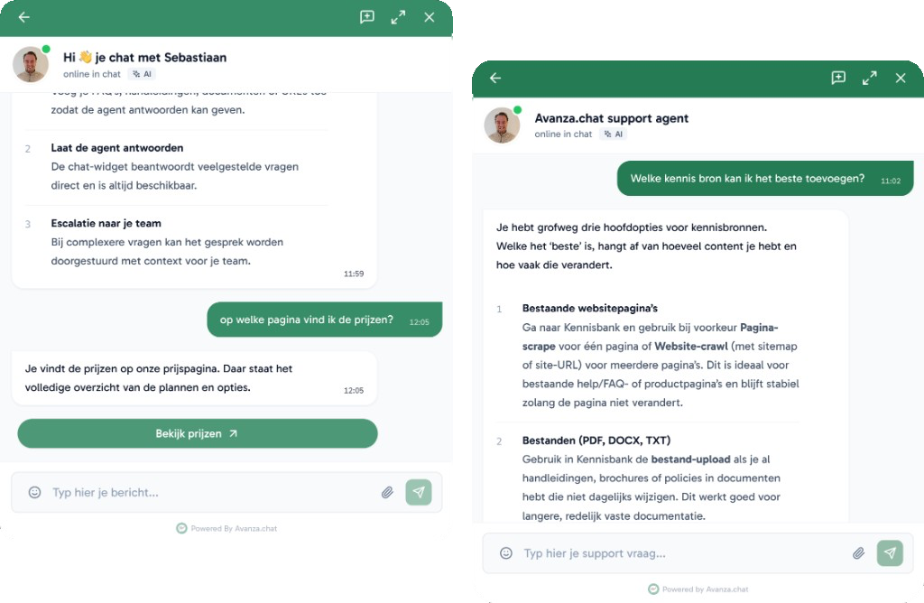 Avanza chatwidget met AI-antwoord, escalatie naar je team en prijzen-CTA
