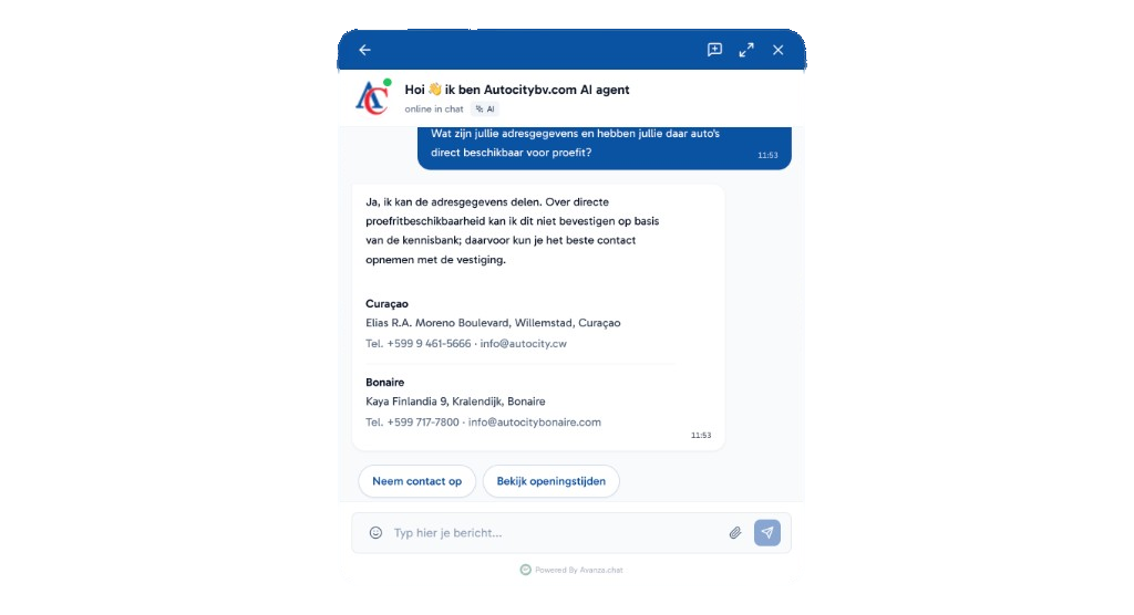 Avanza chatwidget op een demo-website met AI-antwoord en actieknoppen
